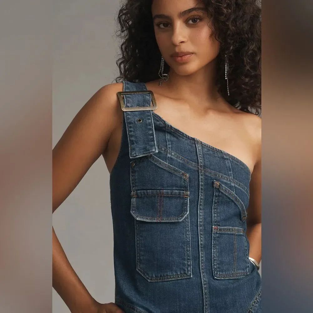 New Anthropologie Pilcro One-Shoulder Denim Utility Overalls Size S